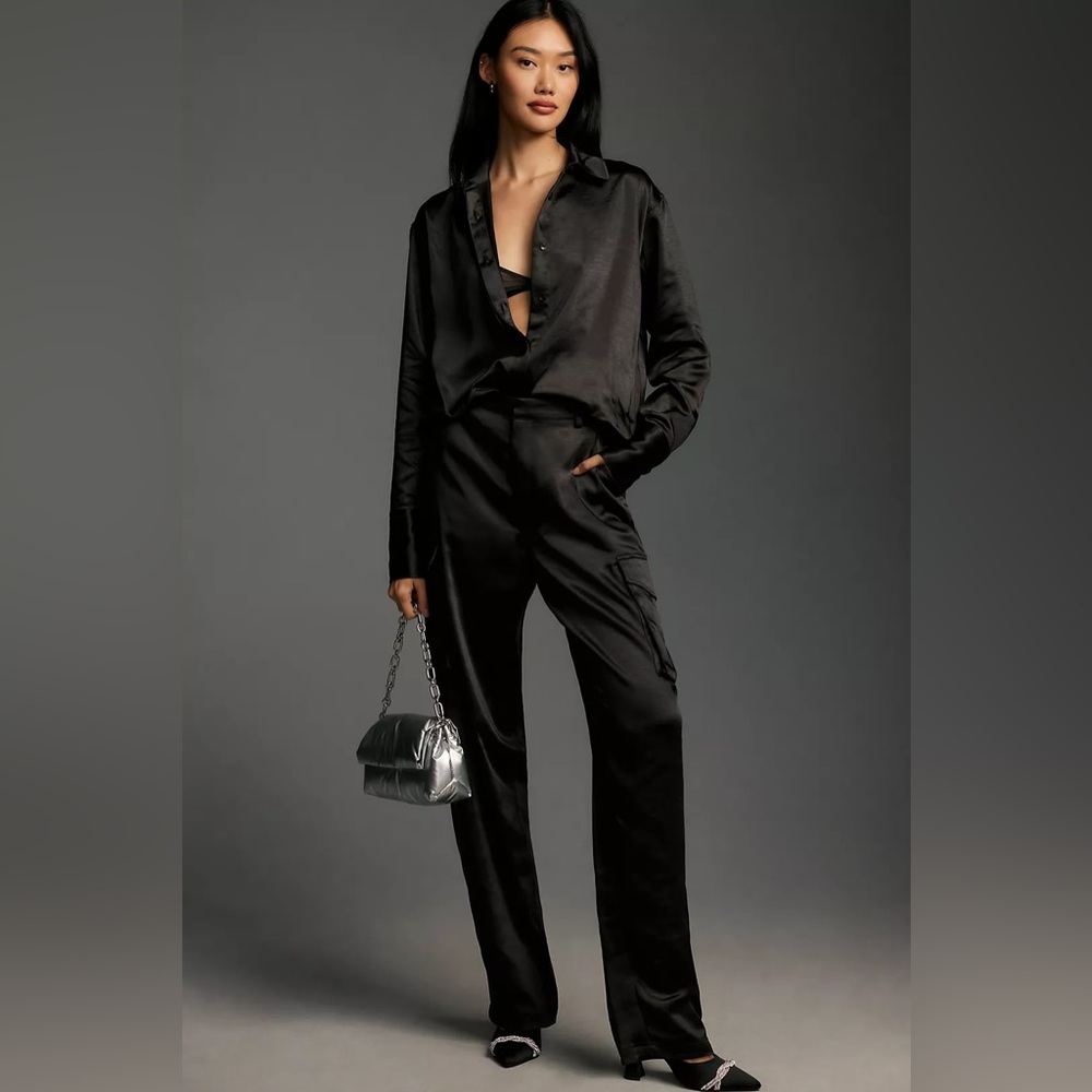 NWT Good American Black Satin Cargo Pants & Buttondown Shirt coord set XL
